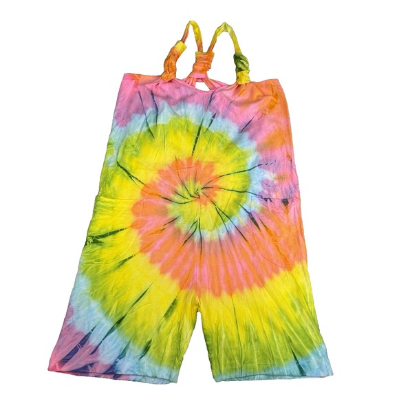 Vintage Romper‎ 80s Rainbow Cotton Candy Spiral TIE-DYE Playsuit Boho One Size - Picture 1 of 9